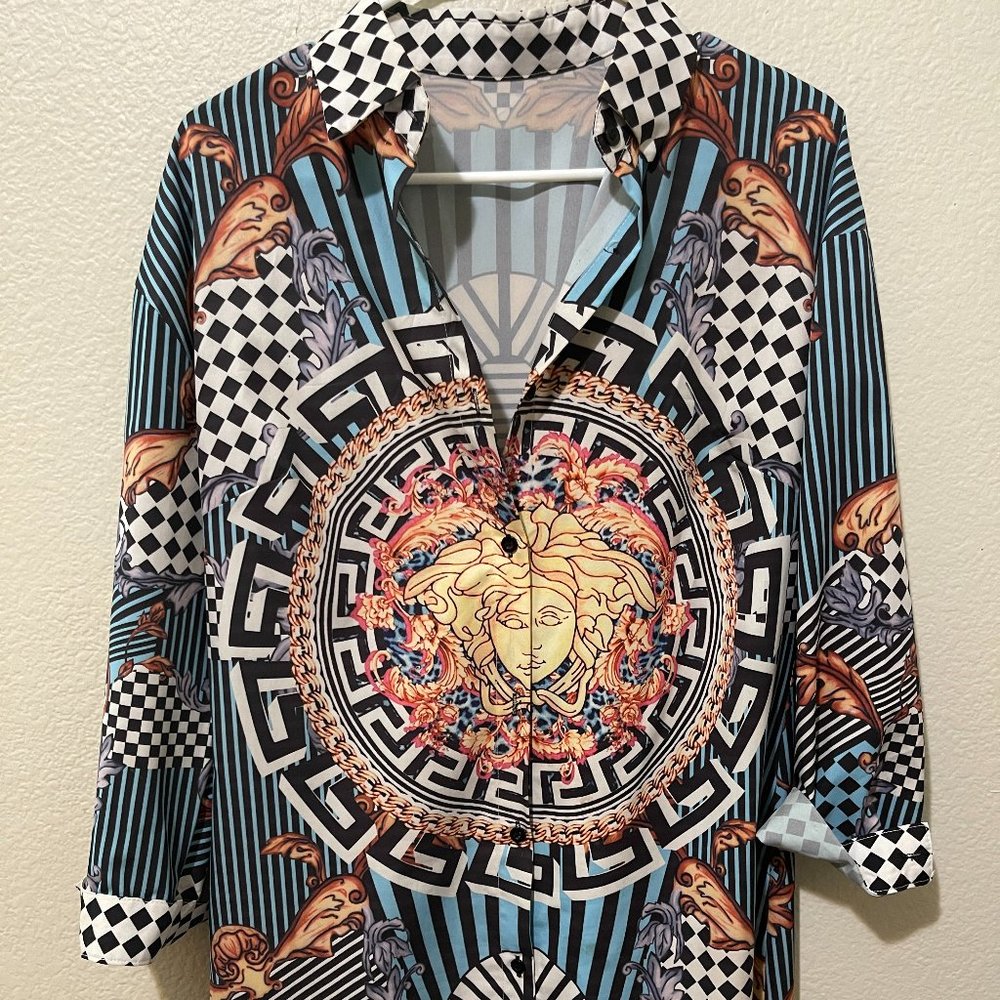 Nhicdns Womens Long Sleeve Floral Print Button Down Collar Long Shirt Dress Blou